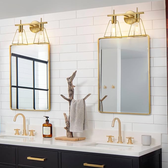 Industrial Bathroom Vanity Lights: 2-Lights Brush Gold Vintage Metal Cage Wall - Image 3