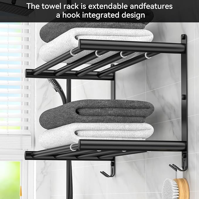 Black Adjustable Towel Bar for Bathroom Wall Mount17-30.7inch Adhesive Shower - Image 4
