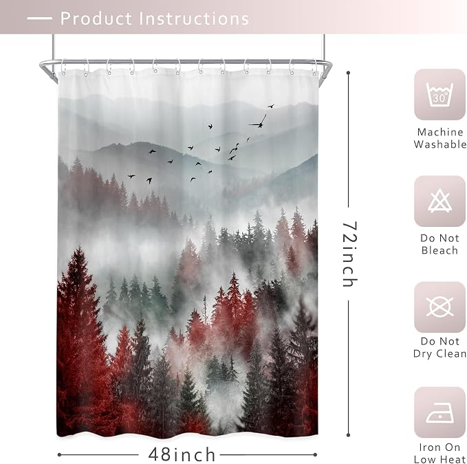 Riyidecor Red Black Mountain Shower Curtain 48Wx72H Inch, Stall Narrow Rv Small - Image 5