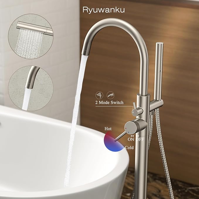 Freestanding Bathtub Faucet Brushed Nickel Tub Filler Floor Mount Free Standing - Image 3
