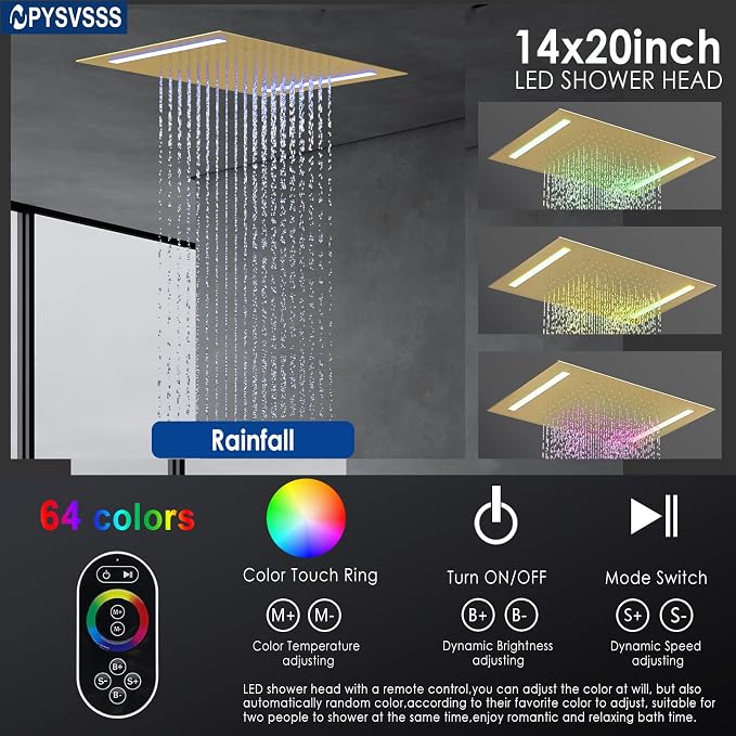 Rain Shower Head System with 14x20 Inch Ceiling Mount LED Head & 6 Inch Wall - Image 4