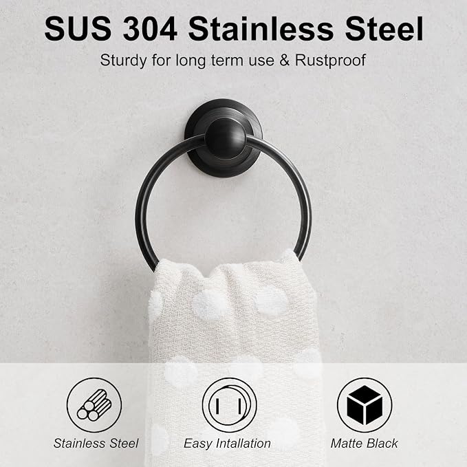 BESy Matte Black Bathroom Hand Towel Ring Towel Holder, Rustproof Wall Mounted - Image 2