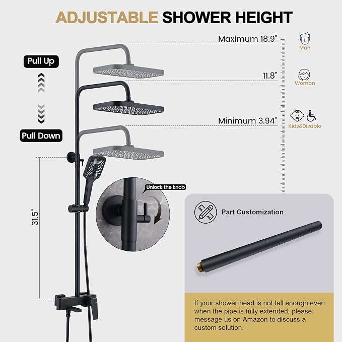 Shower Systems with 12 x8 Inches Rain Shower Head, Matte Black Exposed Pipe - Image 5