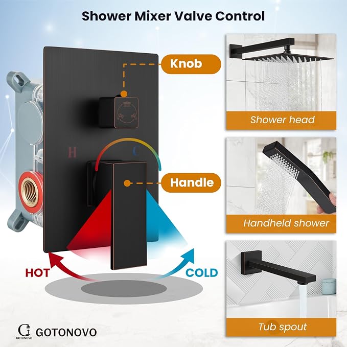 gotonovo Shower System with Tub Spout Wall Mounted Rain Shower Head and Handle - Image 3