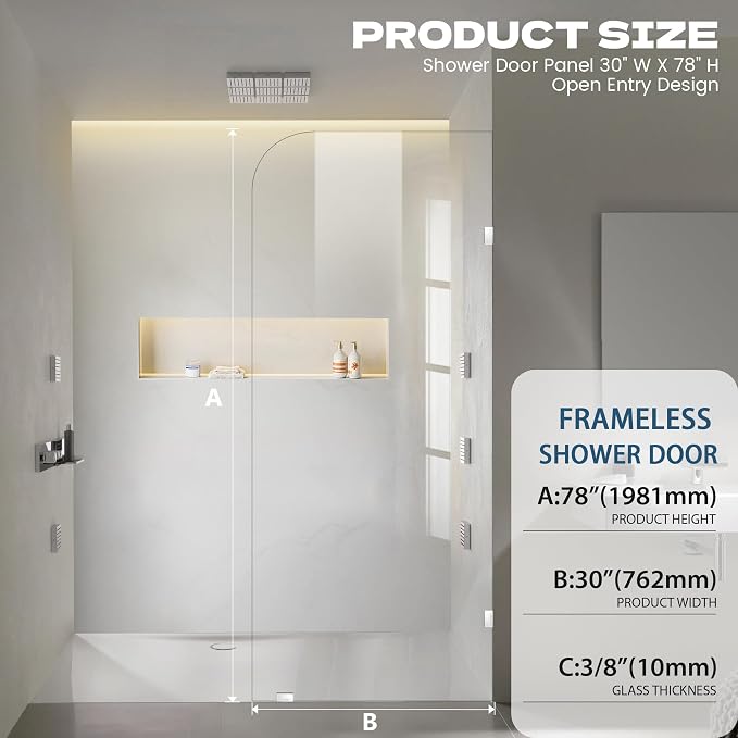 30" W ×78" H Shower Glass Panel, Frameless Fixed Glass Shower Panel - Image 2
