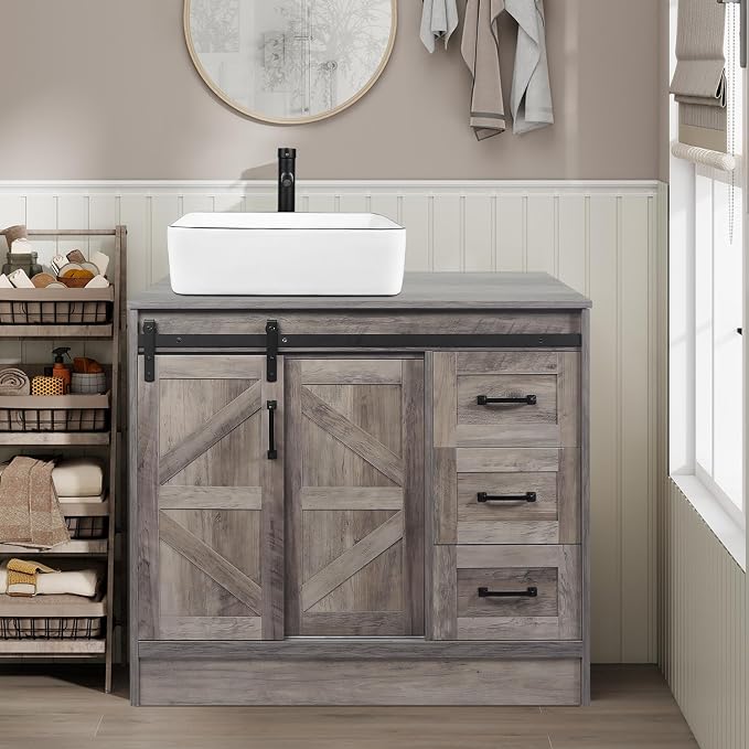 36 Inch Barn Door Bathroom Vanity, Farmhouse Style Standing Pedestal Cabinet by Solidee