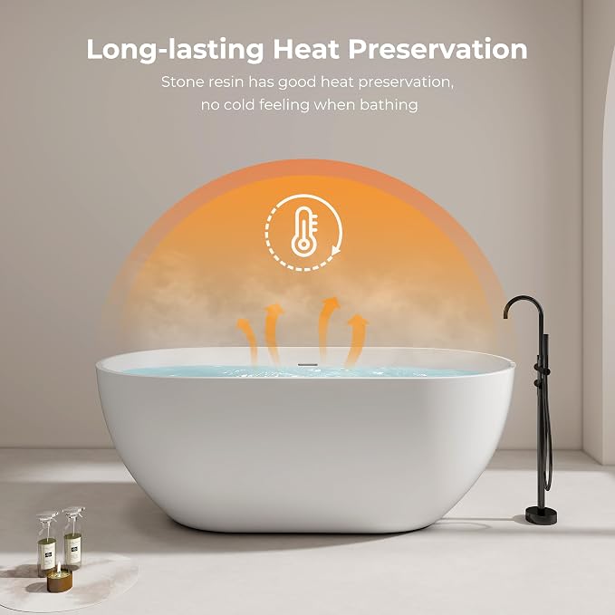 Premium 59" Solid Surface Freestanding Bathtub, Upgraded Oval Stone Resin Tub - Image 6