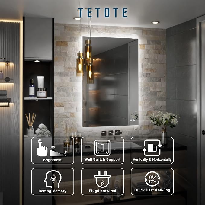TETOTE 24 x 36 Inch LED Mirror Backlit Bathroom, Anti-Fog Mirror - Image 7