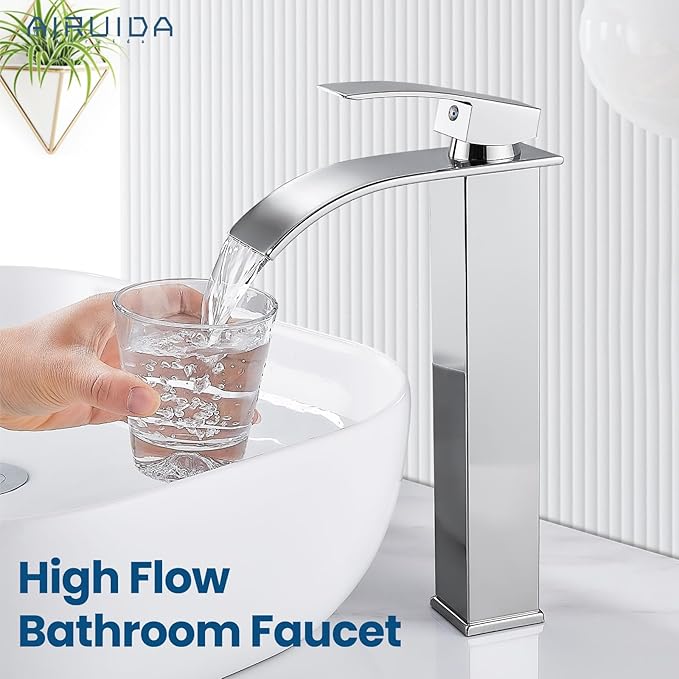 Airuida Tall Bathroom Vessel Faucet Chrome Polish Waterfall Bathroom Single - Image 2