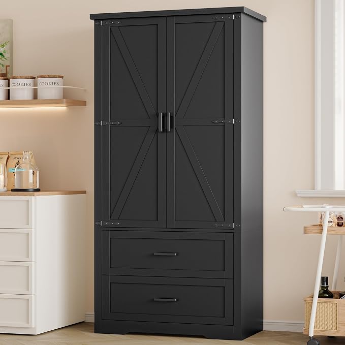 Pantry Organizers and Storage Cabinet, 71” Barn Door White Kitchen Cabinet by BORNOON