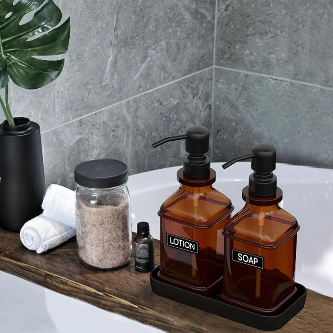 Soap Dispenser - 2 Pack, Antique Design Thick Amber Glass Hand Soap Dispensers - Image 6