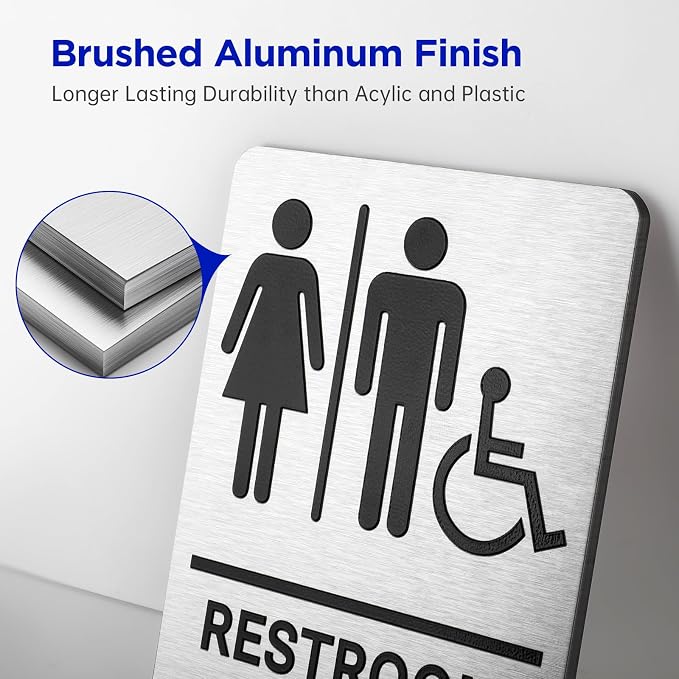 Restroom Sign, Brushed Aluminum ADA Raised Braille Restroom Signage - Image 2
