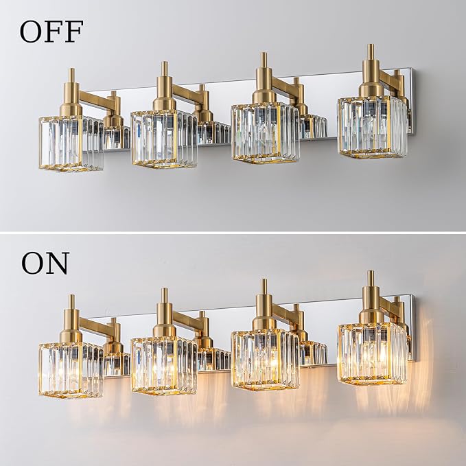 Crystal Bathroom Light Gold Chrome 4-Light Modern Bathroom Vanity Fixtures Over - Image 7