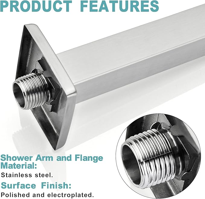BESTILL 10 Inch Brushed Nickel Ceiling Mount Shower Arm and Flange, Square Rain - Image 5