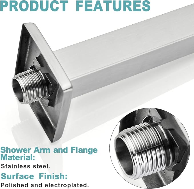 BESTILL 6 Inch Brushed Nickel Ceiling Mount Shower Arm and Flange, Square Rain - Image 5