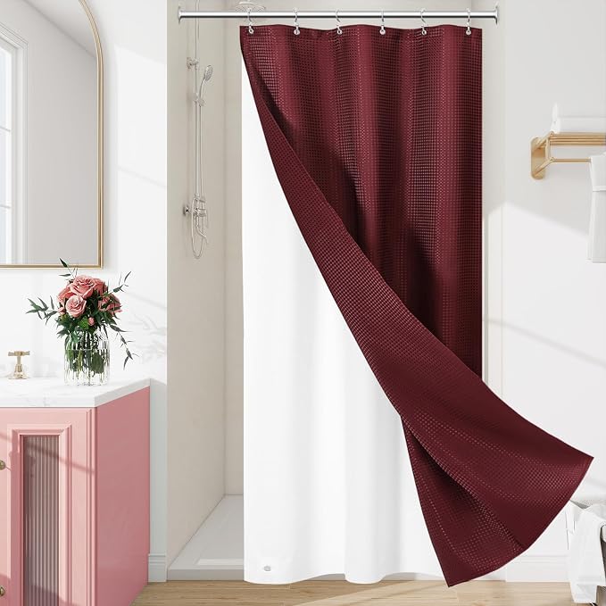 3 in 1 Stall Half Size Burgundy Shower Curtain Set-36 W x 72 H, Modern Waffle by Unknown