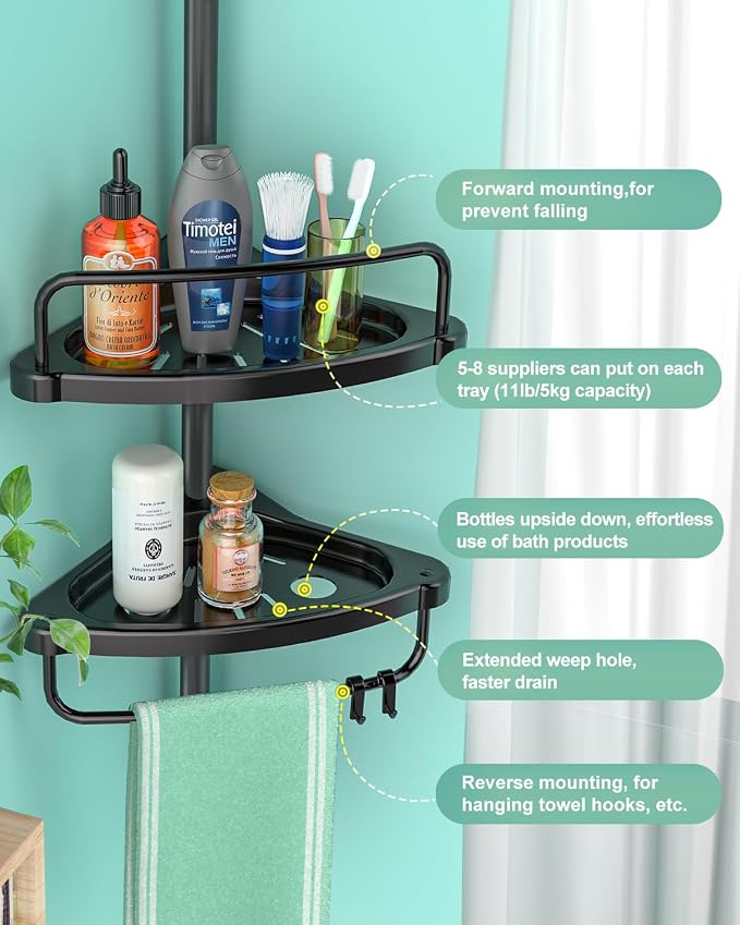 4 Layer Corner Shower Caddy, Stainless Steel ​Constant Tension Pole Shower - Image 4