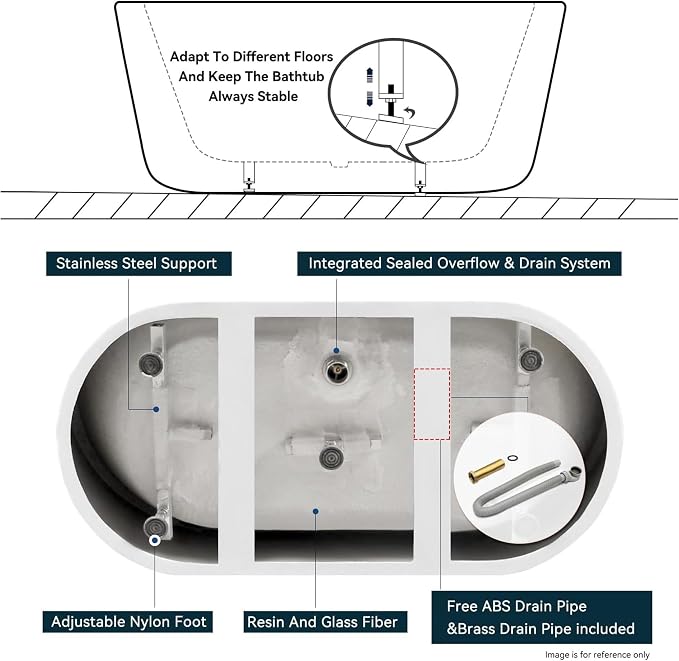 FerdY Shangri-La 55" Acrylic Freestanding Bathtub, Small Classic Oval Shape - Image 4