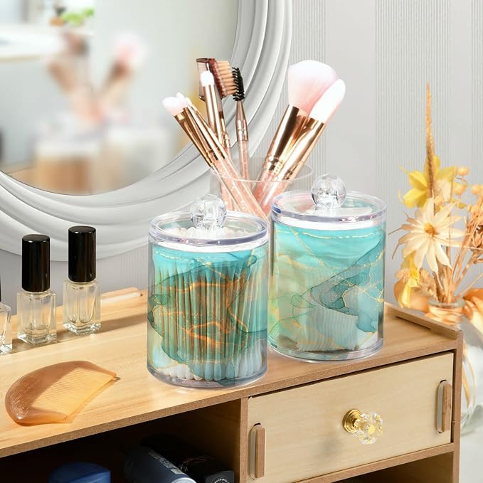 MNSRUU 4 Pack Qtip Holder Organizer Dispenser Modern Art Marble Teal Bathroom - Image 6