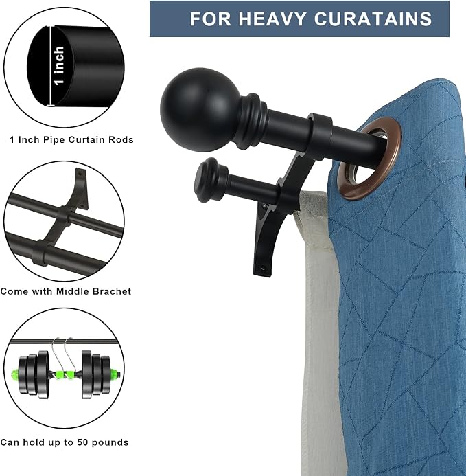 Double Curtain Rod 84 to 120 inch, Adjustable 1 inch Double Drapery Rod Rods - Image 2