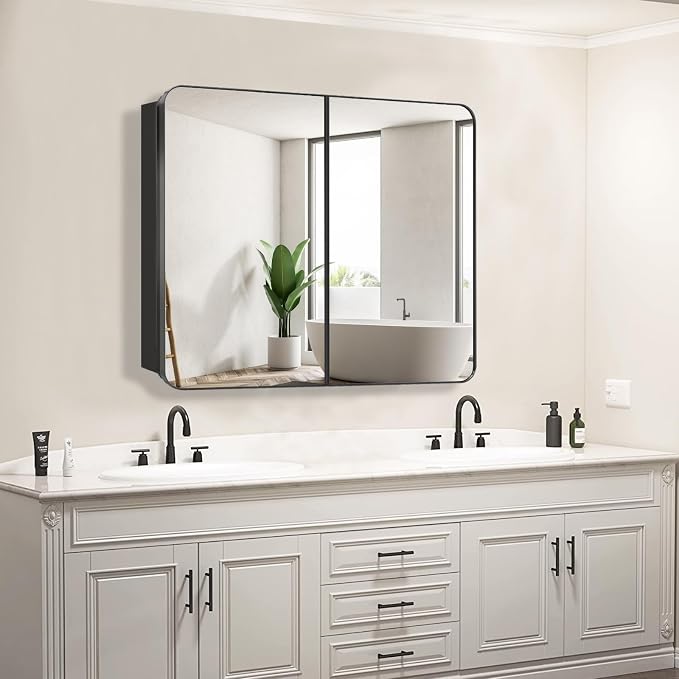 Bathroom Medicine Cabinet with 30"x26" Black Stainless Steel Framed Mirror - Image 2
