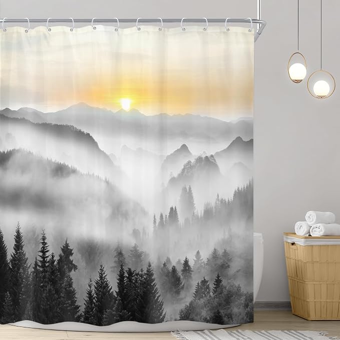 Riyidecor Misty Mountain Shower Curtain 60Wx72H Inch Sunrise Foggy Woodland - Image 2