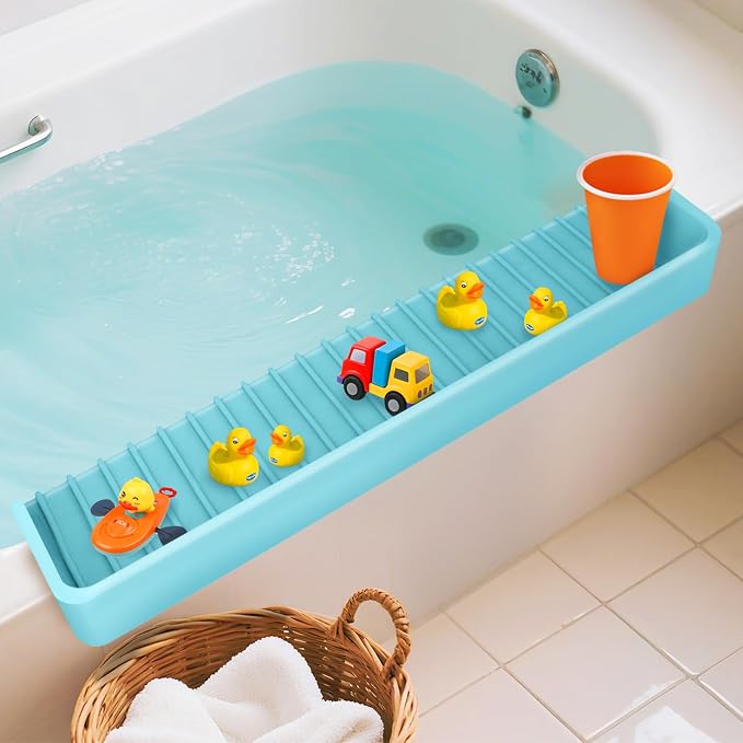Bathtub Splash Guard for Kids – 31.5 Inch Silicone Tub Ledge Shelf by QURAS