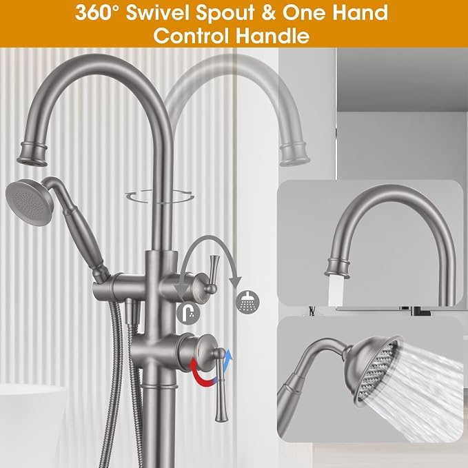 Freestanding Bathtub Faucet, Floor Mount Tub Faucet Brushed Nickel High Flow - Image 2