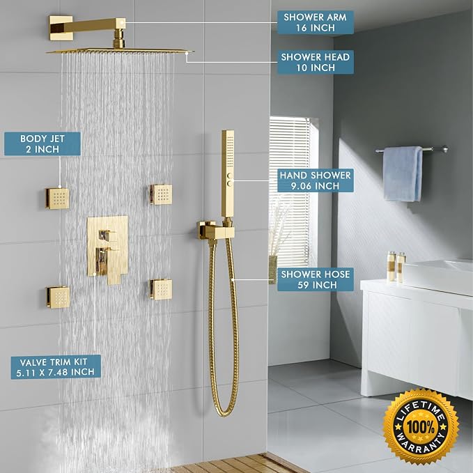 Shower System Brushed Gold Shower Faucets Sets, Bostingner 10" Rain Shower Head - Image 7