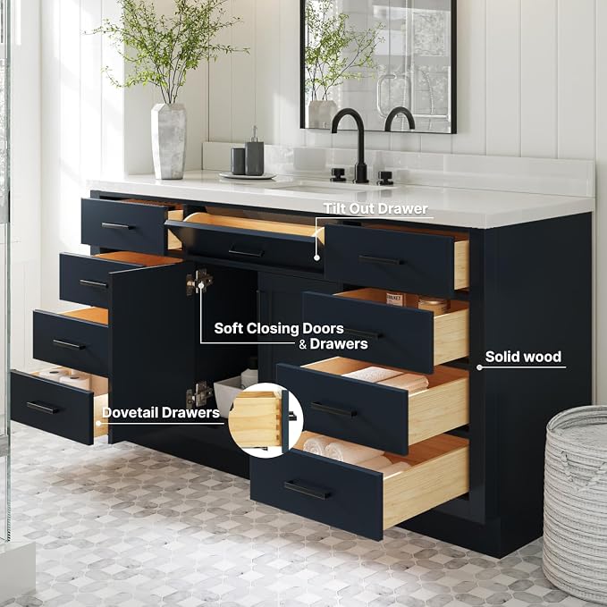 ARIEL 67" Midnight Blue Vanity, 1.5" Edge Pure White Quartz Countertop & Splash - Image 3
