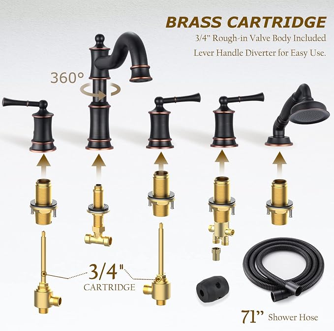 Roman Tub Faucet Set With Handheld Shower 5 Hole Deck Mount Tub Filler With - Image 5