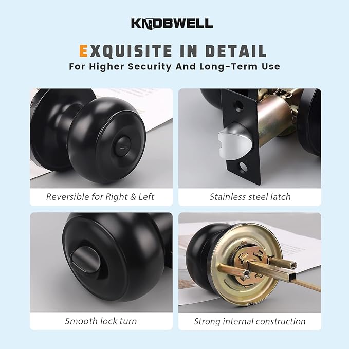 KNOBWELL 5 Pack Matte Black Door Knobs Privacy Door Knob - Image 6