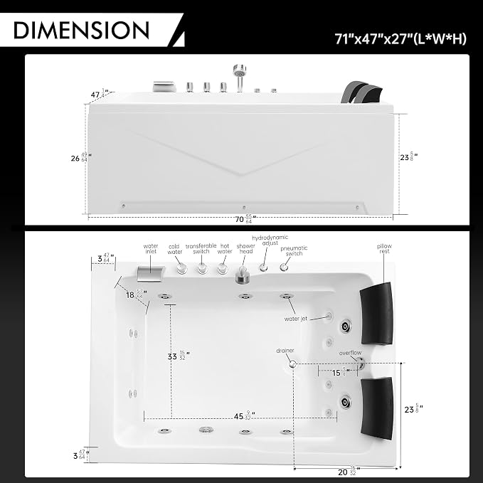Empava Whirlpool Bathtub 71 Inch, 2 Person Whirlpool Tubs - Image 3