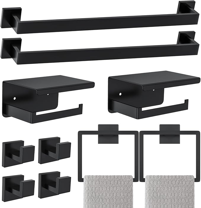 Matte Black Bathroom Hardware Accessories Set 10-Pieces Black Towel Bar Set by Kiakuoow