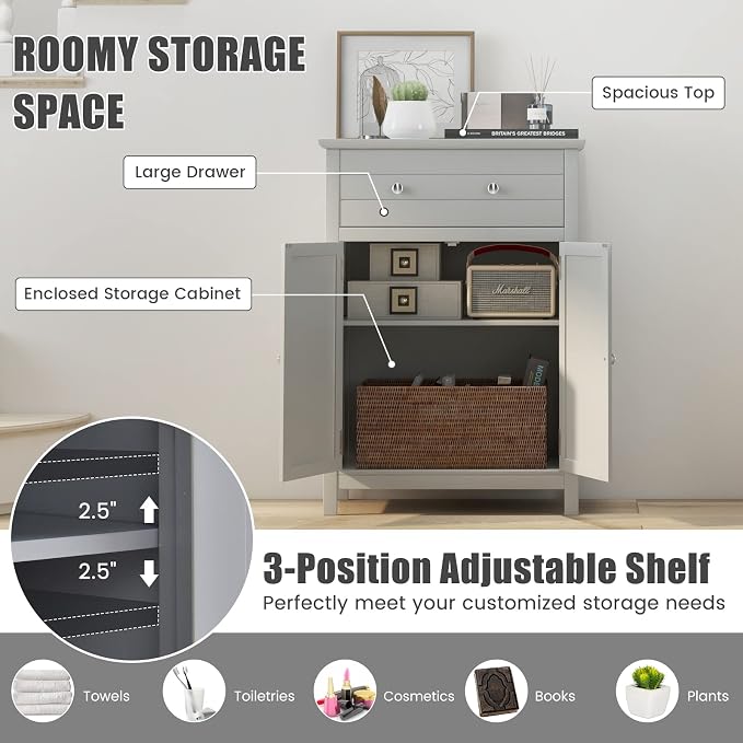 COSTWAY Bathroom Floor Cabinet, Wooden Side Storage Organizer w/Larger Drawer - Image 6