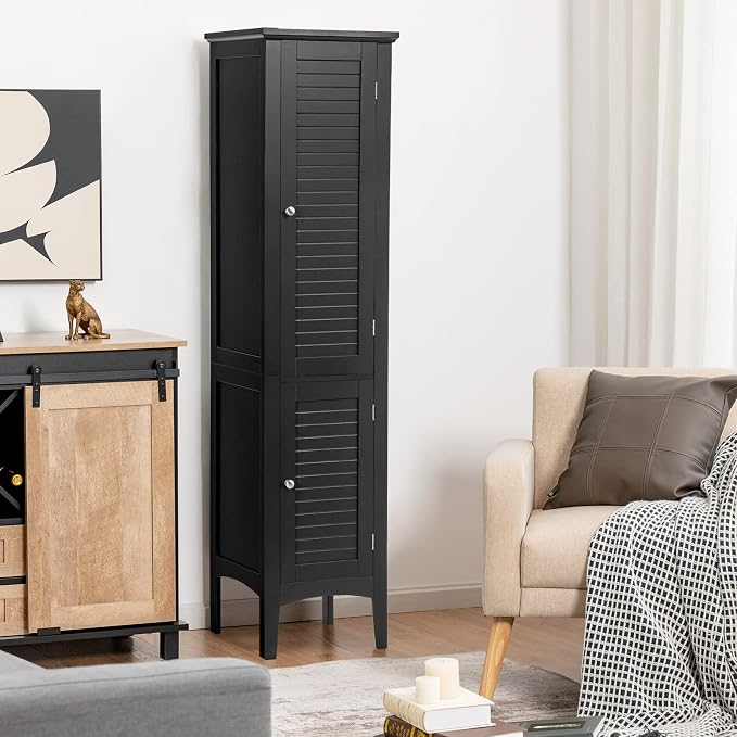 COSTWAY Tall Bathroom Storage Cabinet, 5-Tier Freestanding Linen Tower Cabinet - Image 2