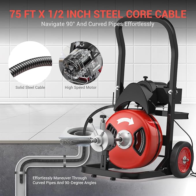 Electric Drain Cleaning Machine 75Ft 1/2 Inch, 450W Auto Feed Portable Sewer - Image 4