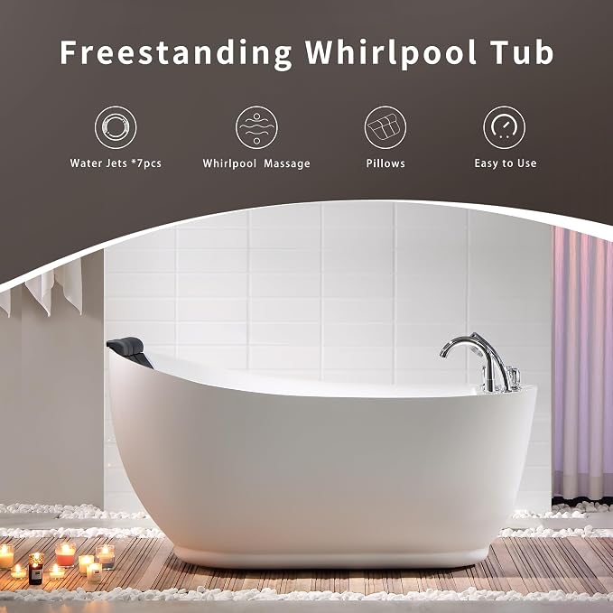 Empava 59 Inch Acrylic Freestanding Whirlpool Tub, Hydromassage Gracefully Oval - Image 2