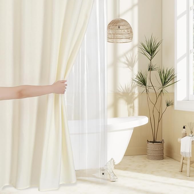 MitoVilla 3 in 1 Shower Curtain Set, Cream Boho Farmhouse Linen Textured Bath - Image 6