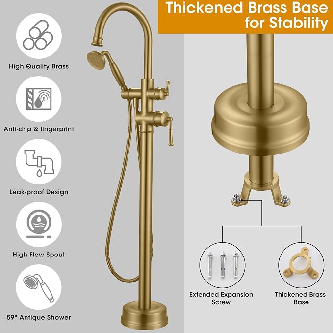 Freestanding Bathtub Faucet, Floor Mount Tub Faucet Brushed Gold High Flow Tub - Image 3
