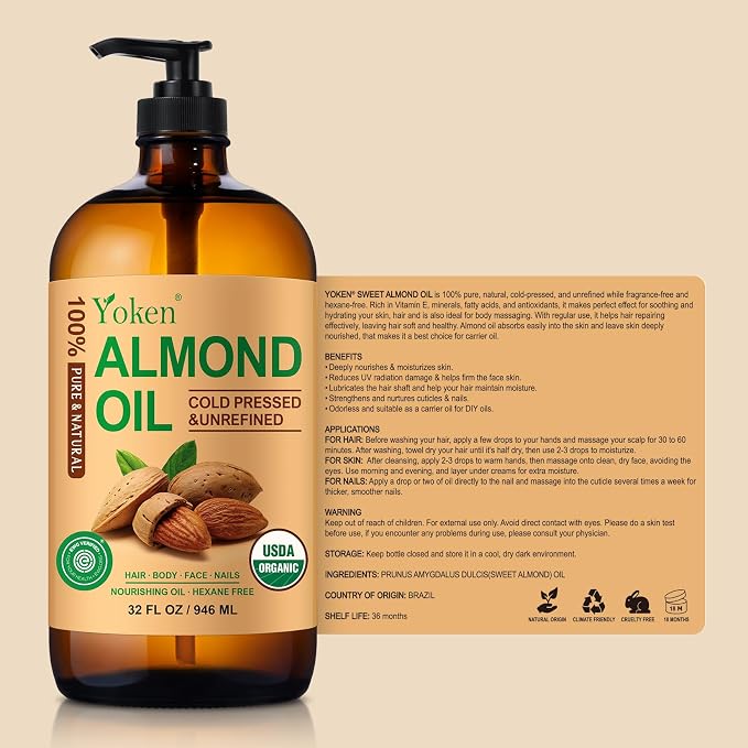 Organic Almond Oil 32 fl oz 100% USDA Pure Cold Pressed Glass Bottle Almond Oils - Image 7