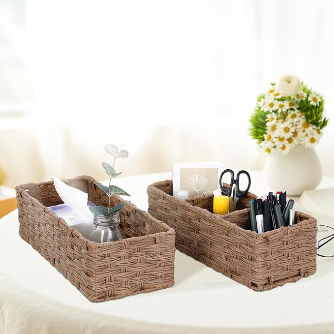 DULLEMELO Small Wicker Toilet Tank Basket Set of 2 Waterproof Bathroom Baskets - Image 6