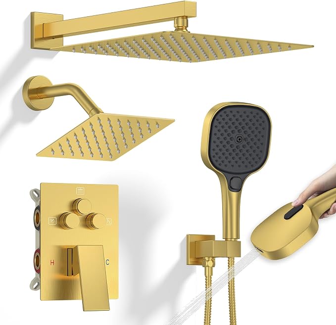 Shower Faucet Set Brushed Gold Shower System, Push Button Diverter 3-Way Shower - Image 9