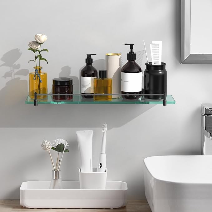 20 Inches Glass Shelves for Bathroom, Matte Black Floating Glass Shelf - Image 2
