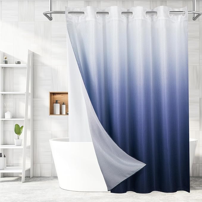 MitoVilla No Hooks Required Navy Blue Shower Curtain Liner Set, Modern Blue by MitoVilla
