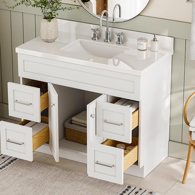 ARIEL Hamlet 43 Inch Single Sink Bathroom Vanity in White, 1.5" Edge Quartz Top - Image 3