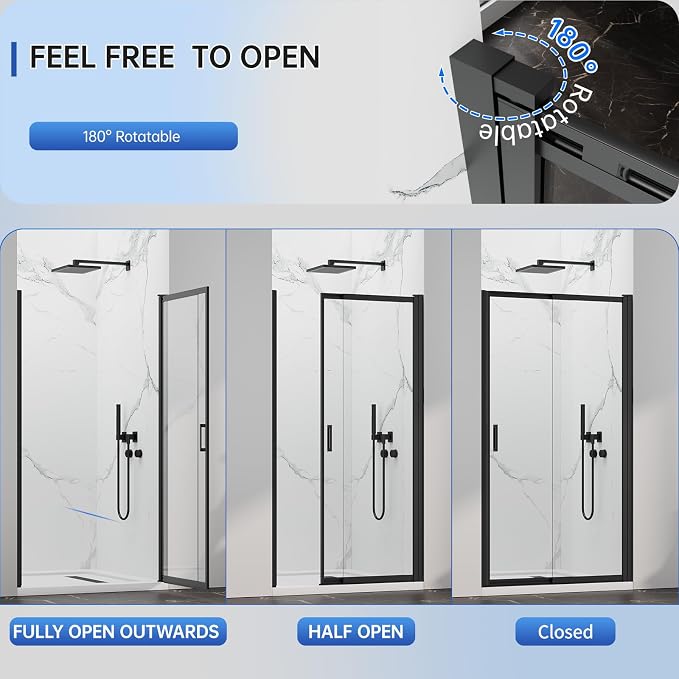 31-33" W x 72" H Pivot Swing Glass Shower Doors, 180° Rotating Retractable - Image 4