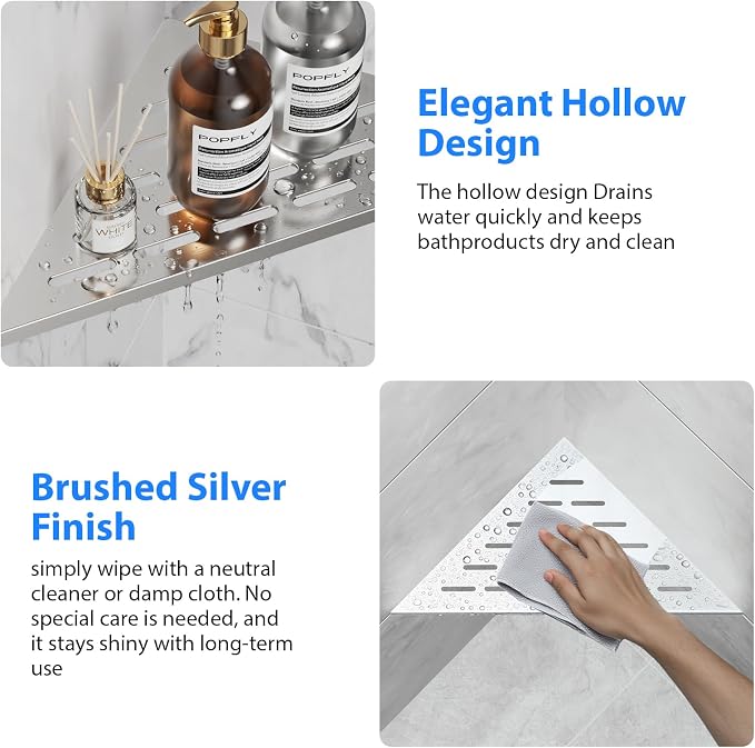 POPFLY 10" Silver Stainless Steel Corner Shower Shelf 2PCS, 304 SS Recessed - Image 4