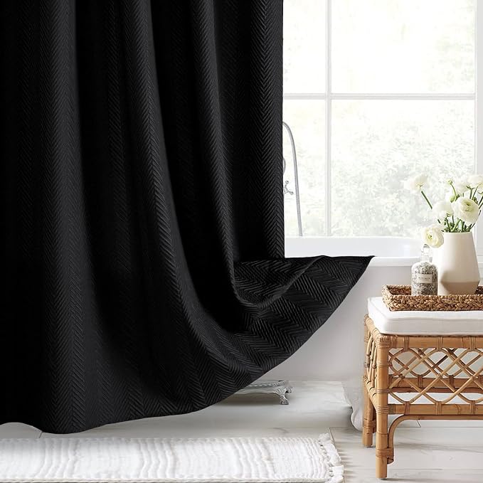 Gibelle Black Shower Curtain, 3D Embossed Textured Herringbone Fabric Shower - Image 5