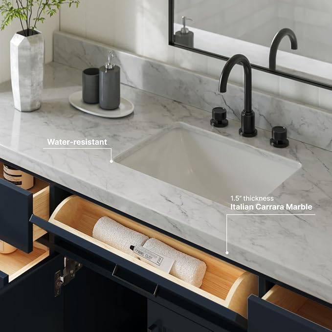 ARIEL 67" Midnight Blue Vanity, 1.5" Edge Italian Carrara Marble Countertop & - Image 4